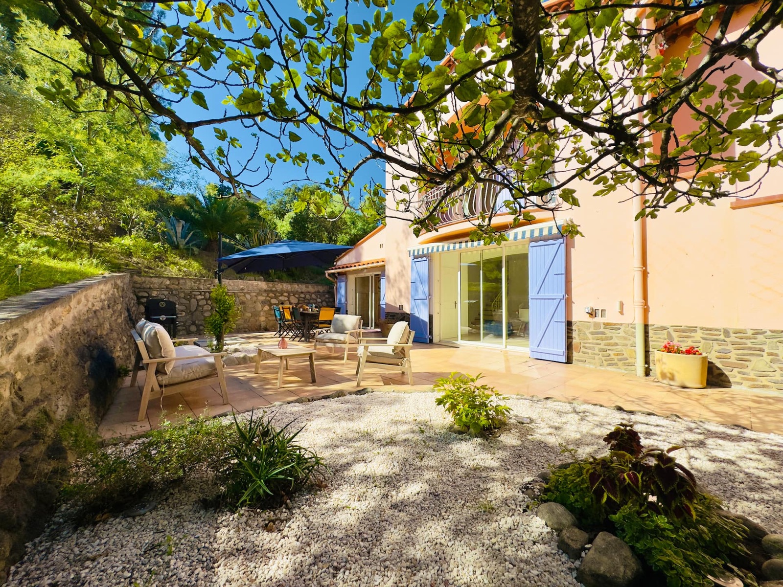 La terrasse de la cour, sous l'arbre